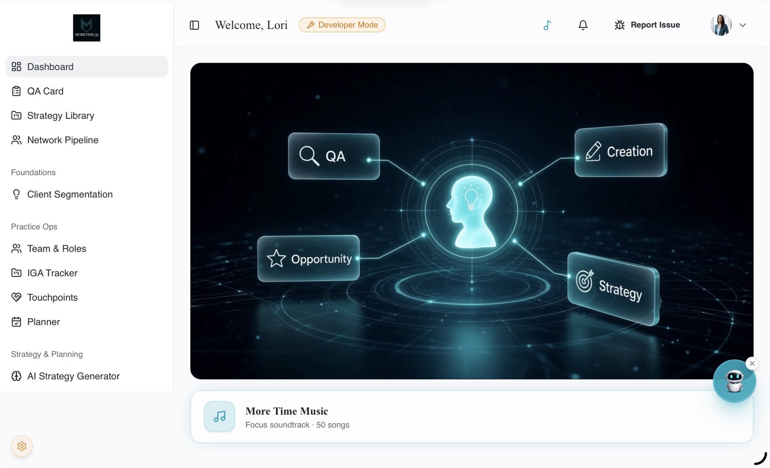 The MoreTime AI dashboard
