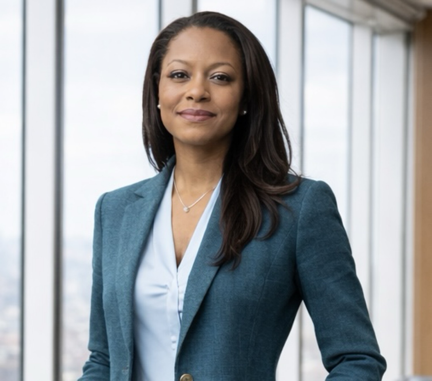 Lori Brooks in a teal blazer beside office windows